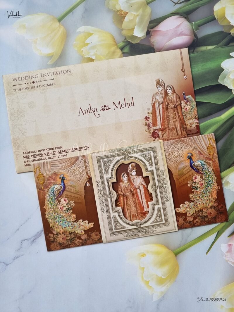 Peacock Themed Unique Concept Single Insert Dulah Dulhan Themed Flower Themed Hindu Wedding Sikh Wedding invitation Cards - EJ3188