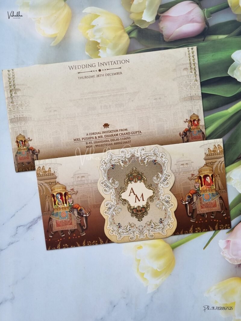 Peacock Themed Unique Concept Single Insert Dulah Dulhan Themed Flower Themed Hindu Wedding Sikh Wedding invitation Cards - EJ3190