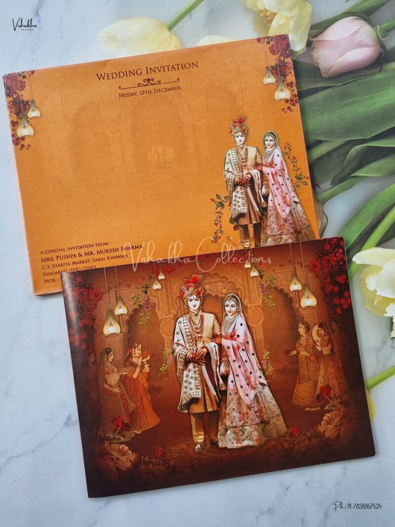 Semi Box Dulah Dulhan Themed Flower Themed Hindu Wedding Sikh Wedding invitation Cards - EJ3191