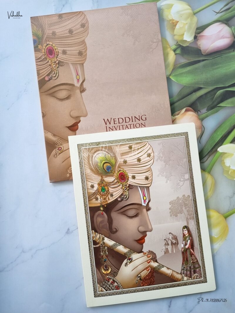 Radha Krishna Themed Semi Box Flower Themed Hindu Wedding invitation Cards - EJ3202