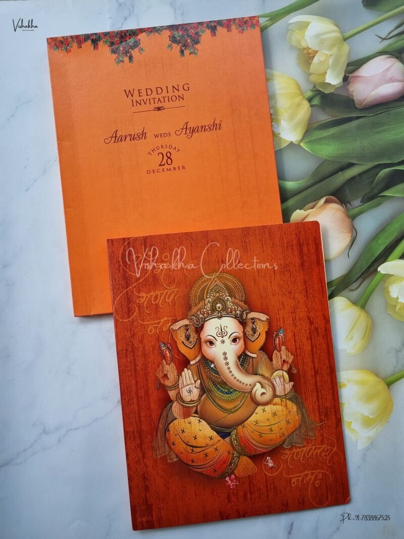 Semi Box Ganesh Ji Themed Flower Themed Hindu Wedding Sikh Wedding invitation Cards - EJ3203