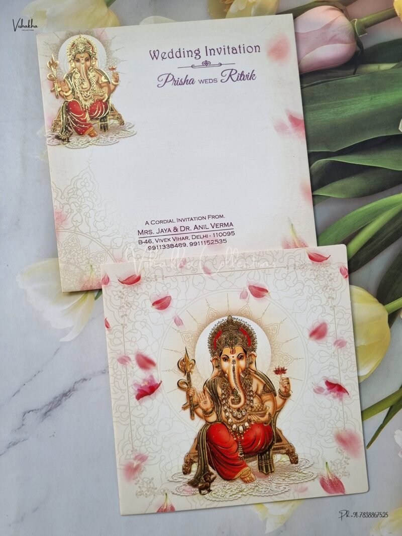 Ganesh Ji Themed Flower Themed Hindu Wedding Sikh Wedding invitation Cards - EJ3214