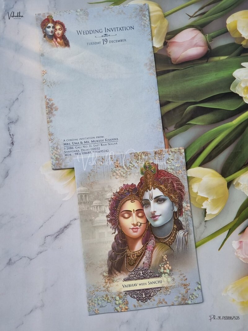 Radha Krishna Themed Flower Themed Hindu Wedding Sikh Wedding invitation Cards - EJ3275
