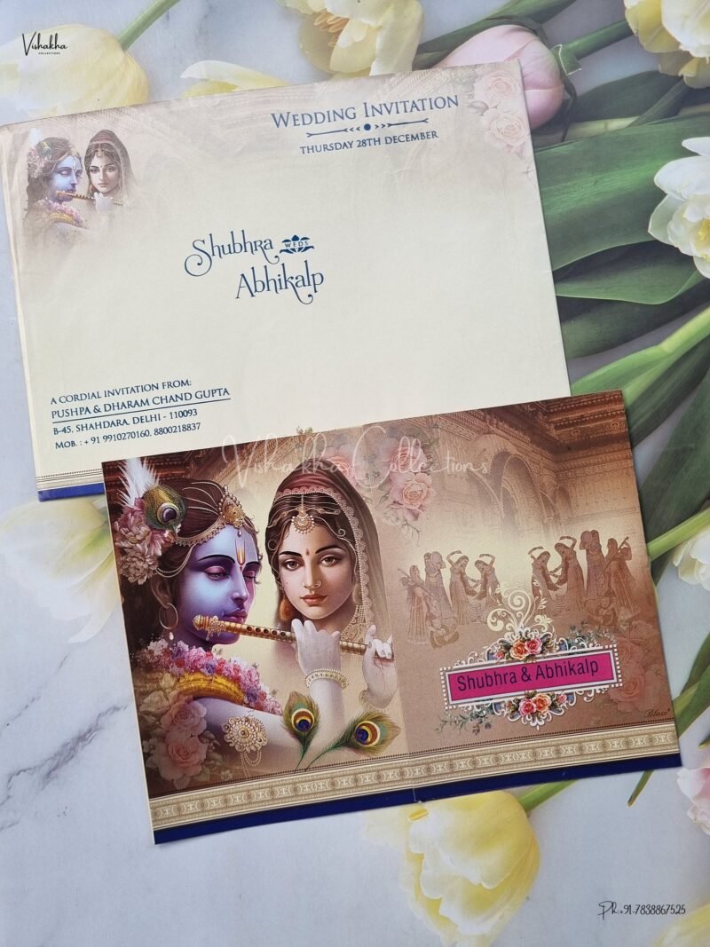 Radha Krishna Themed Peacock Themed Barat Themed Flower Themed Hindu Wedding Sikh Wedding invitation Cards - EJ3288
