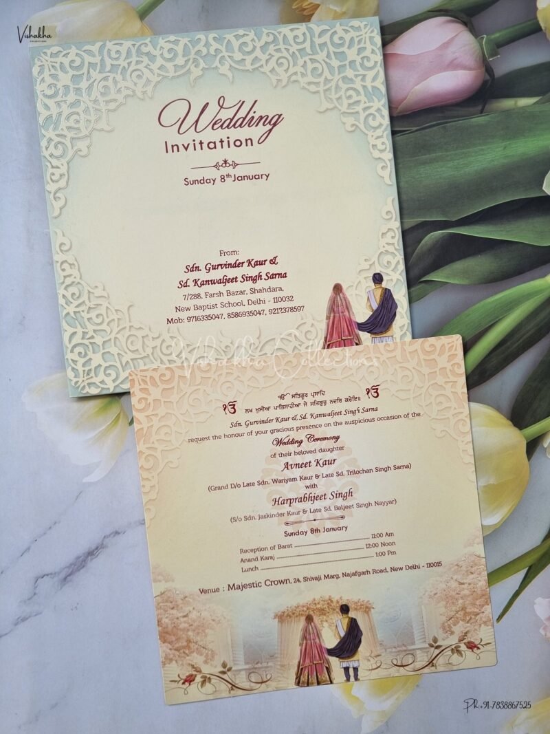 Single Insert Dulah Dulhan Themed Flower Themed Sikh Wedding invitation Cards - EJ928