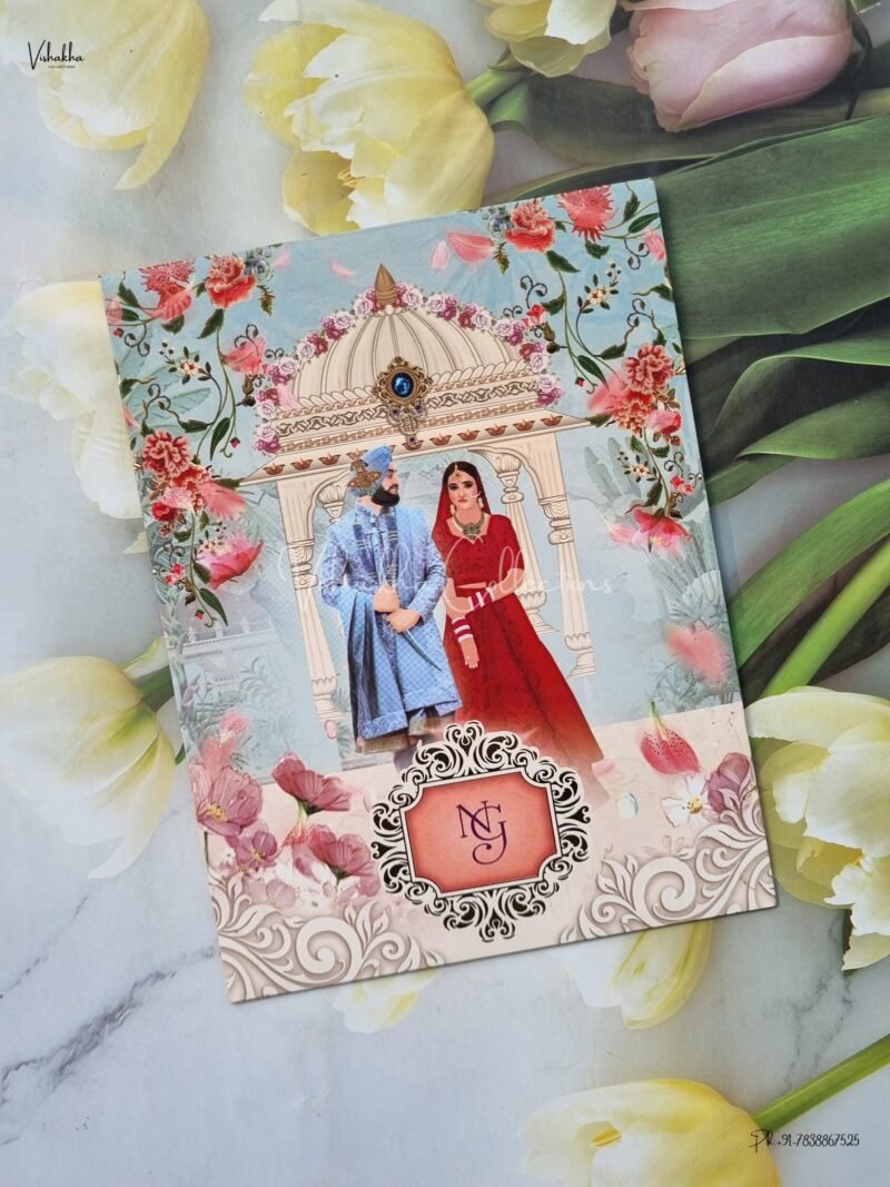 Single Insert Dulah Dulhan Themed Flower Themed Sikh Wedding invitation Cards - EJ965