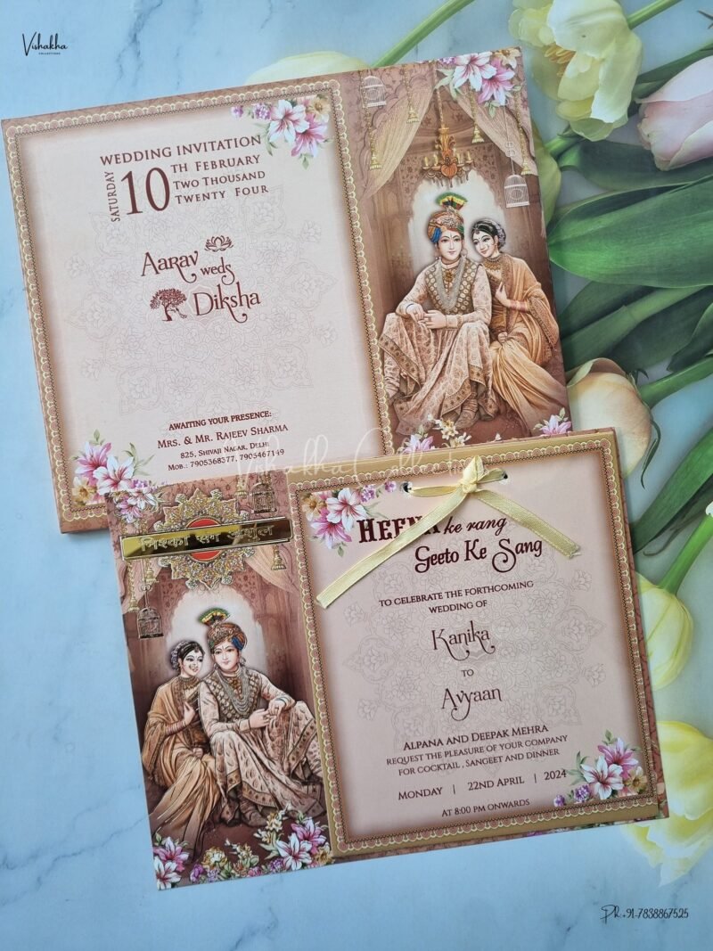Paper Laser Cut Semi Box Dulah Dulhan Themed Flower Themed Hindu Wedding Sikh Wedding invitation Cards - CR-1098