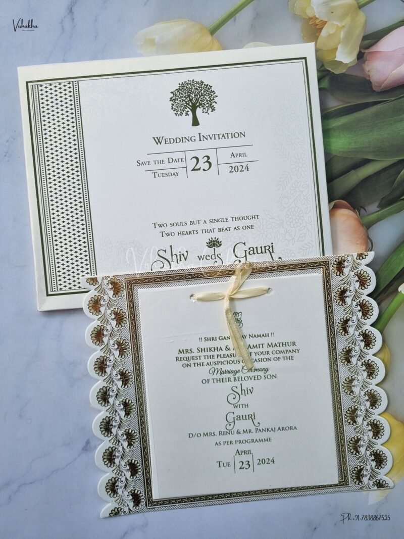Paper Laser Cut Semi Box White And golden Color Hindu Wedding Muslim Wedding Christian Wedding Sikh Wedding invitation Cards - CR-264