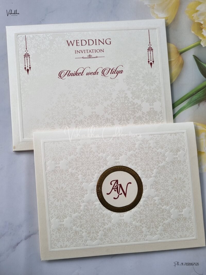 Semi Box White And golden Color Hindu Wedding Muslim Wedding Christian Wedding Sikh Wedding invitation Cards - EJ-3412