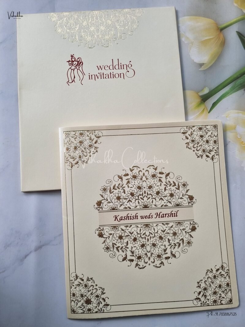 Semi Box White And golden Color Hindu Wedding Muslim Wedding Christian Wedding Sikh Wedding invitation Cards - EJ-3480