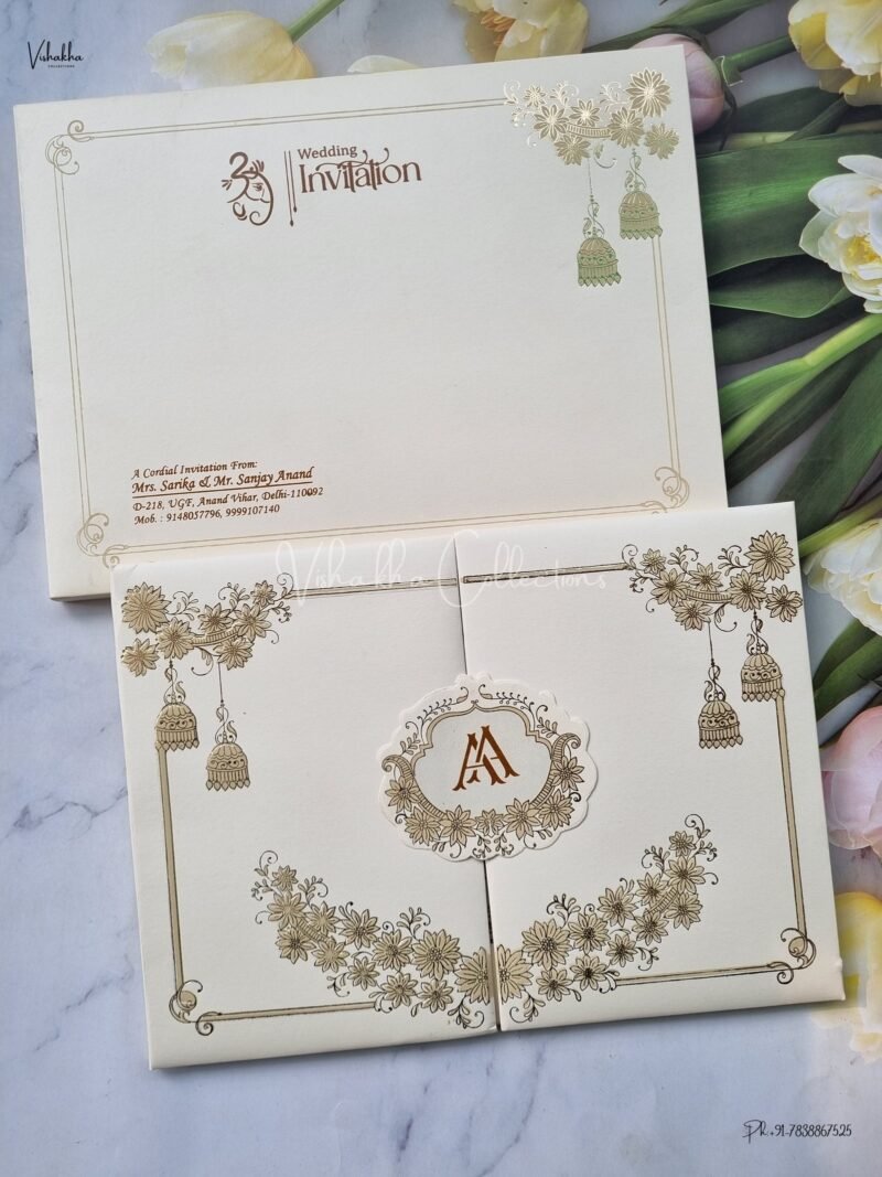 Semi Box Double Door White And golden Color Hindu Wedding Muslim Wedding Christian Wedding Sikh Wedding Padded Wedding invitation Cards - EJ-3518