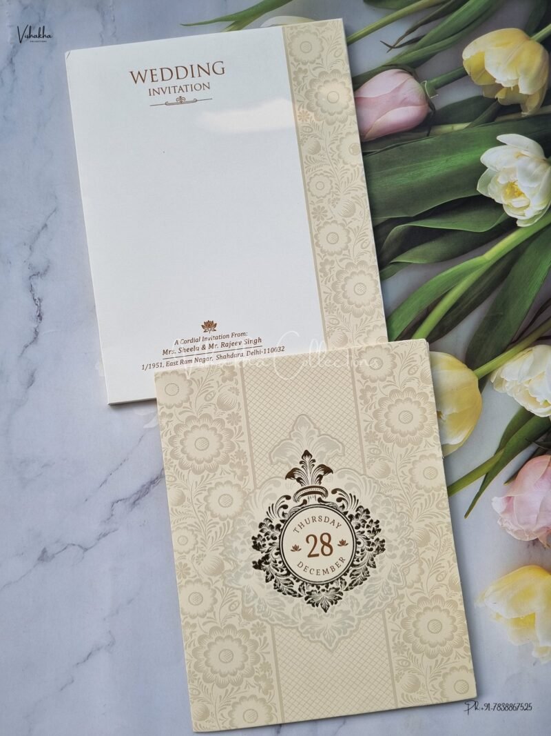 Semi Box White And golden Color Hindu Wedding Muslim Wedding Christian Wedding Sikh Wedding invitation Cards - EJ-3550