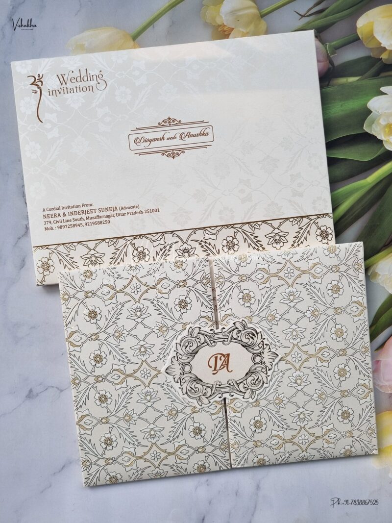 Semi Box Double Door White And golden Color Hindu Wedding Muslim Wedding Christian Wedding Sikh Wedding Padded Wedding invitation Cards - EJ-3559