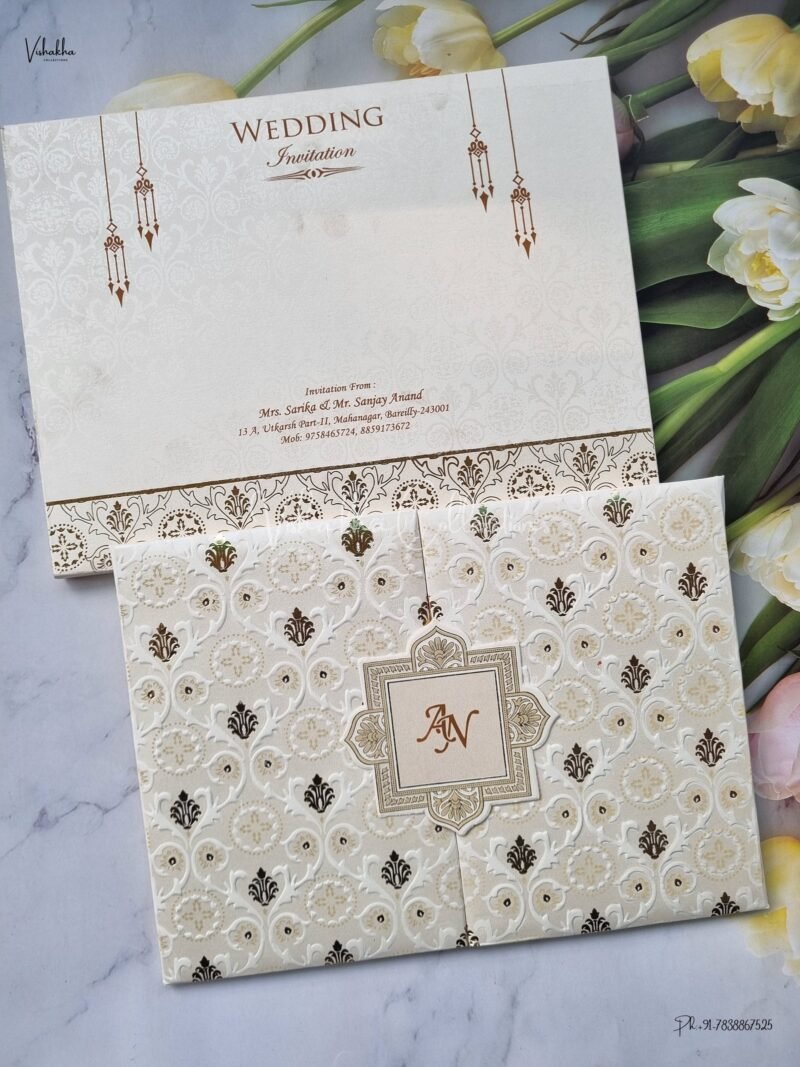 Semi Box Double Door White And golden Color Hindu Wedding Muslim Wedding Christian Wedding Sikh Wedding Padded Wedding invitation Cards - EJ-3560