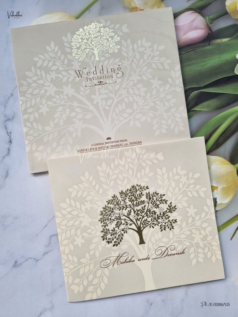 Wisdom Tree Themed Semi Box White And golden Color Hindu Wedding Muslim Wedding Christian Wedding Sikh Wedding invitation Cards - EJ-3610