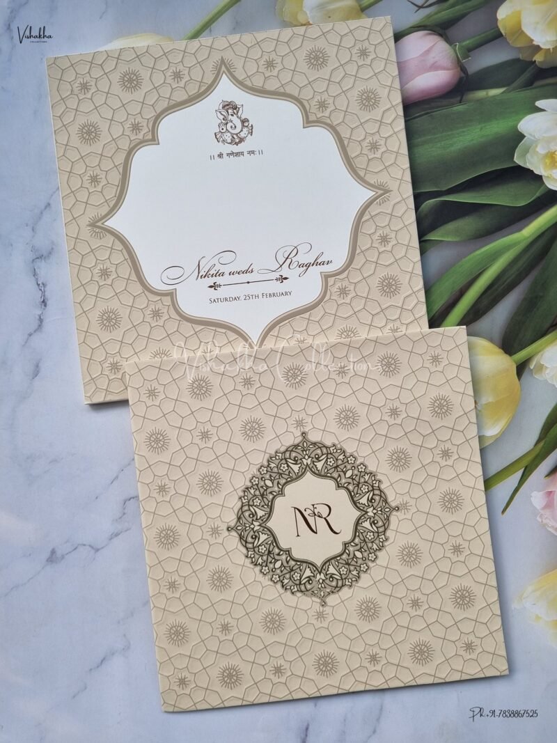 Semi Box White And golden Color Hindu Wedding Muslim Wedding Christian Wedding Sikh Wedding invitation Cards - EJ-3617