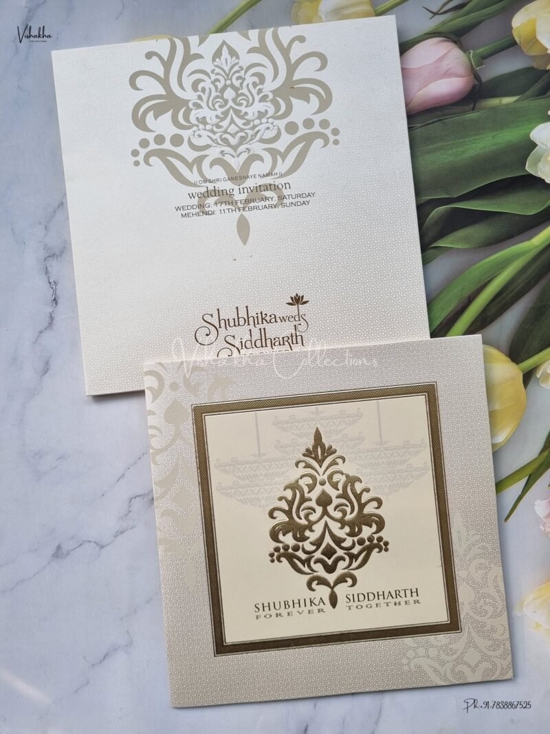 Semi Box White And golden Color Hindu Wedding Muslim Wedding Christian Wedding Sikh Wedding invitation Cards - EJ-3621