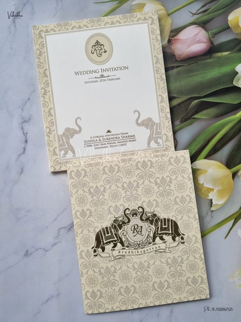 Semi Box Hathi Themed White And golden Color Hindu Wedding Muslim Wedding Christian Wedding Sikh Wedding invitation Cards - EJ-3627