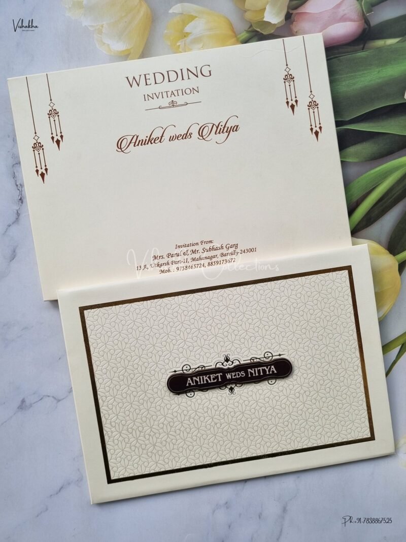 Semi Box White And golden Color Hindu Wedding Muslim Wedding Christian Wedding Sikh Wedding Padded Wedding With Emblem invitation Cards - EJ-3790