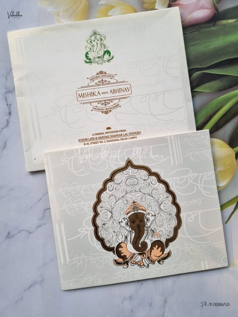 Semi Box Ganesh Ji Themed White And golden Color Hindu Wedding Muslim Wedding Christian Wedding Sikh Wedding invitation Cards - EJ-3850