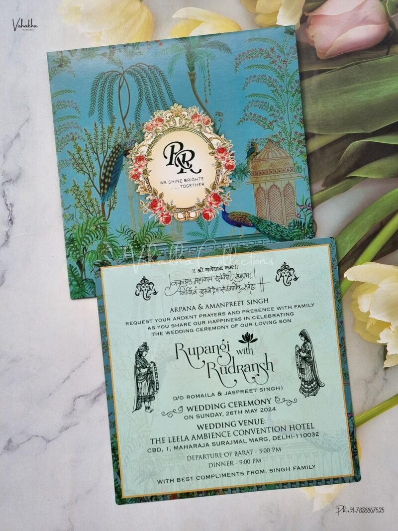 Peacock Themed Single Insert Flower Themed Hindu Wedding Muslim Wedding Christian Wedding Sikh Wedding Anniversary Cards invitation Cards - EJ-3944