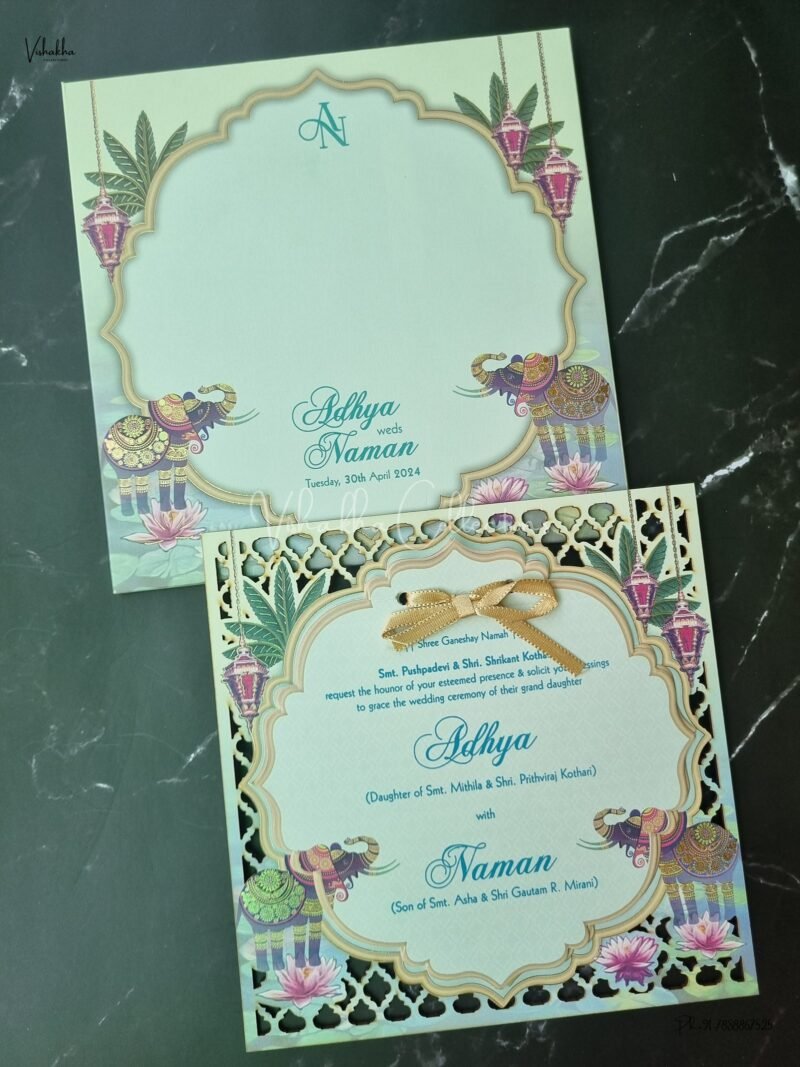 Lotus Themed Unique Concept Semi Box Hathi Themed Flower Themed Hindu Wedding Muslim Wedding Christian Wedding Sikh Wedding MDF Board Laser Cut Laser Cut Wedding invitation Cards - MXB-114