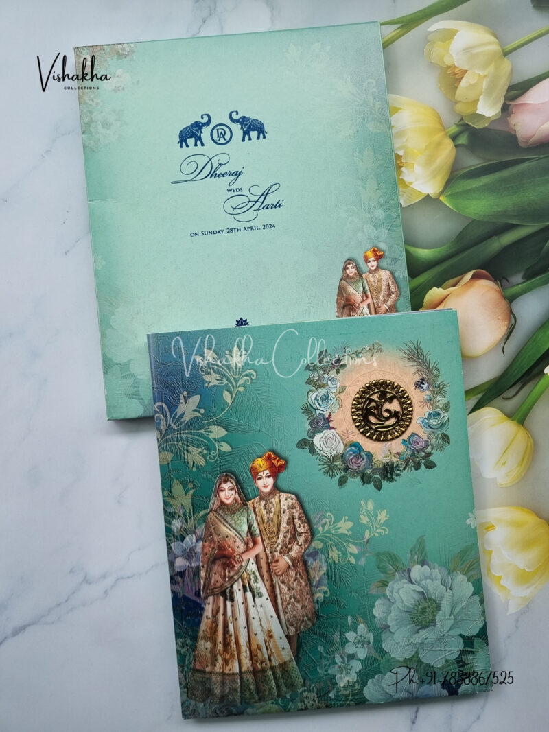 Aqua Green Indian Bride Groom Royal traditional invite