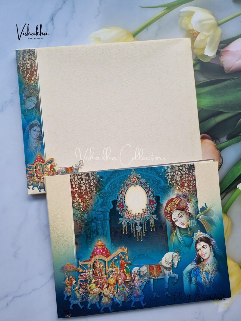 BLue and Beige Colour Radha Krishan with Shahi Baraat shaadi card