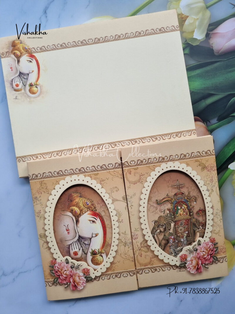 Beige Colour Royal Elephant and Ganensha Double door box style marriage invite