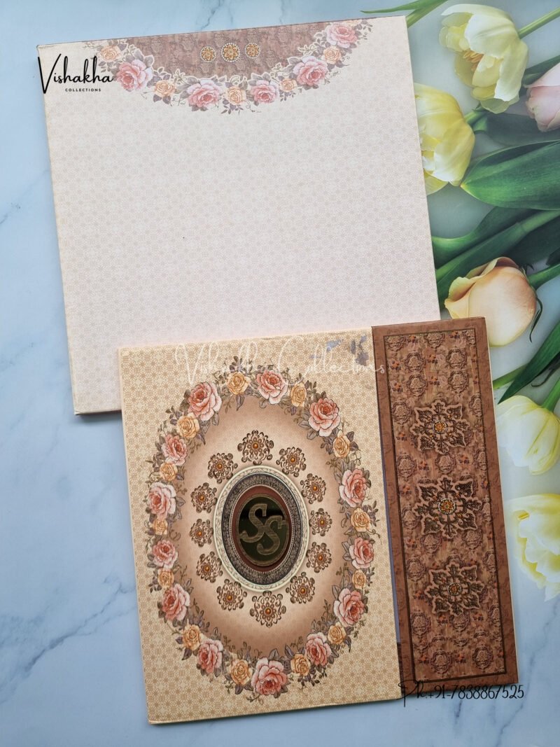 Brown floral double door with acrylic name plate padded invitation card design