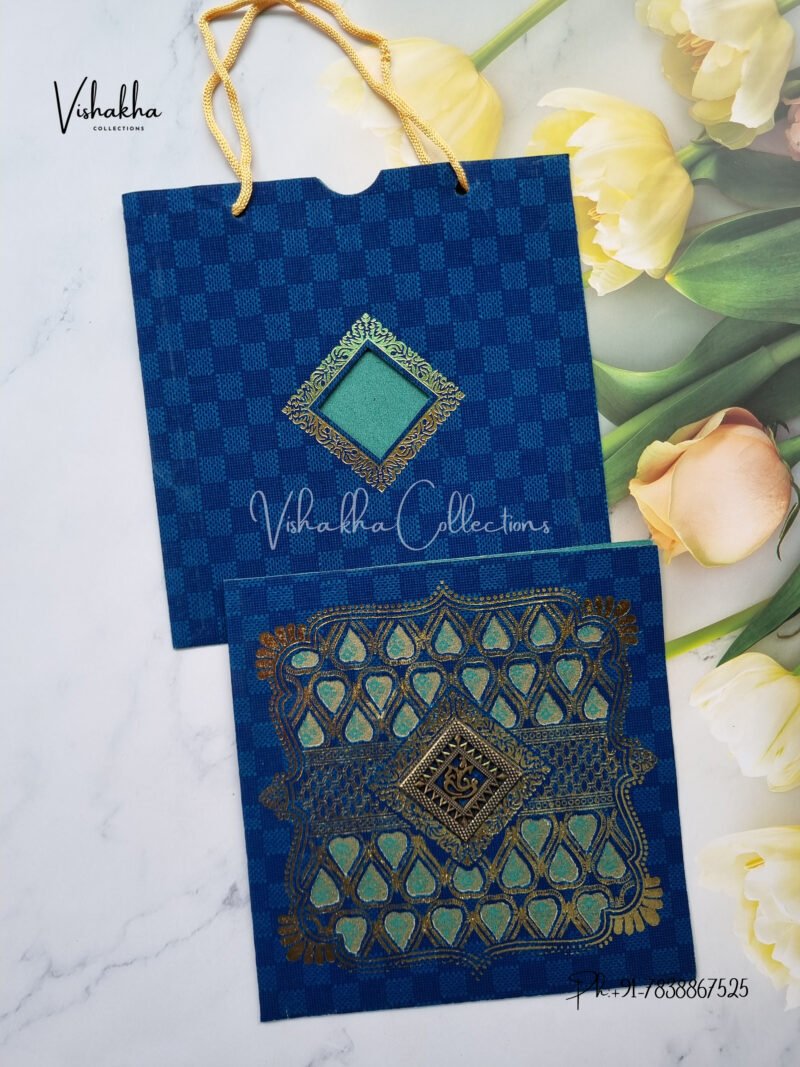 Carry Bag Style Bluish Green and Gold foiled wedding invitation