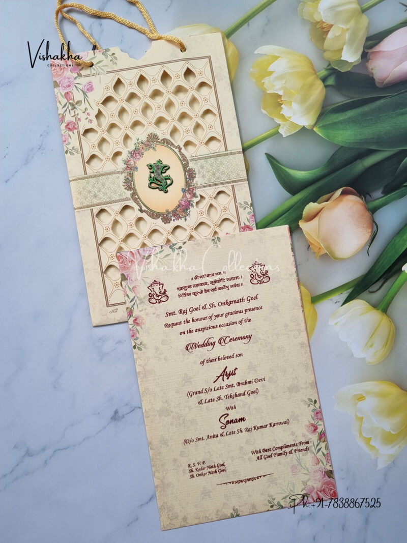 Carry Bag Style Laser Cut Pink and Cream Coloured Floral Wedding Invitation Card