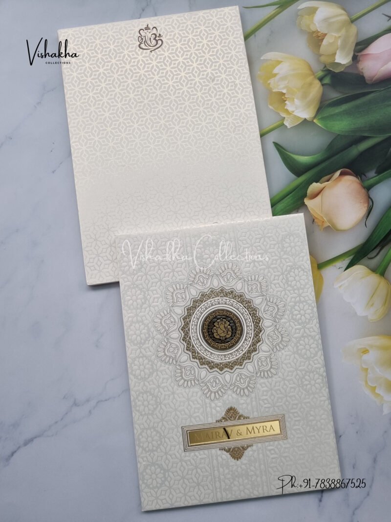 Cream colour Textured White Padded card with acrylic name plate Wedding Invitation Card SK-3324