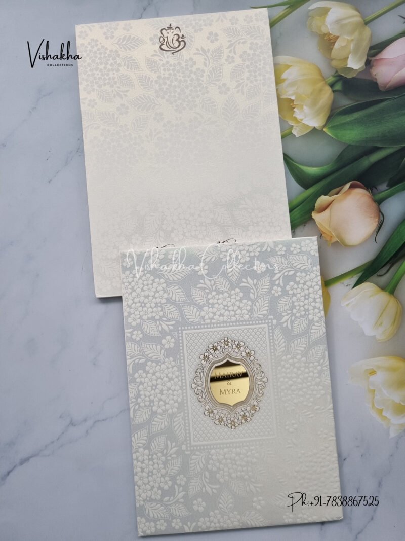 Cream colour Textured White Padded card with acrylic name plate Wedding Invitation Card SK-3329