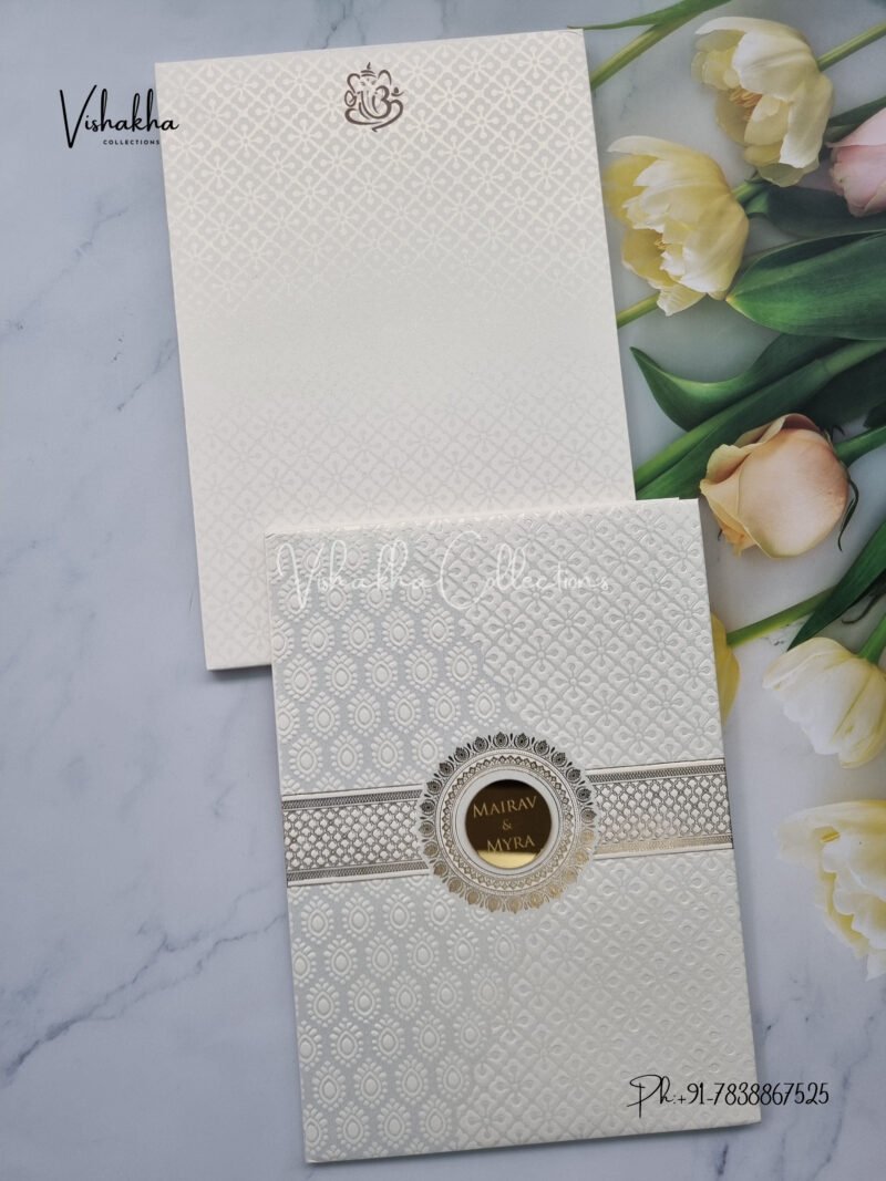 Cream colour Textured White Padded card with acrylic name plate Wedding Invitation Card SK-3330