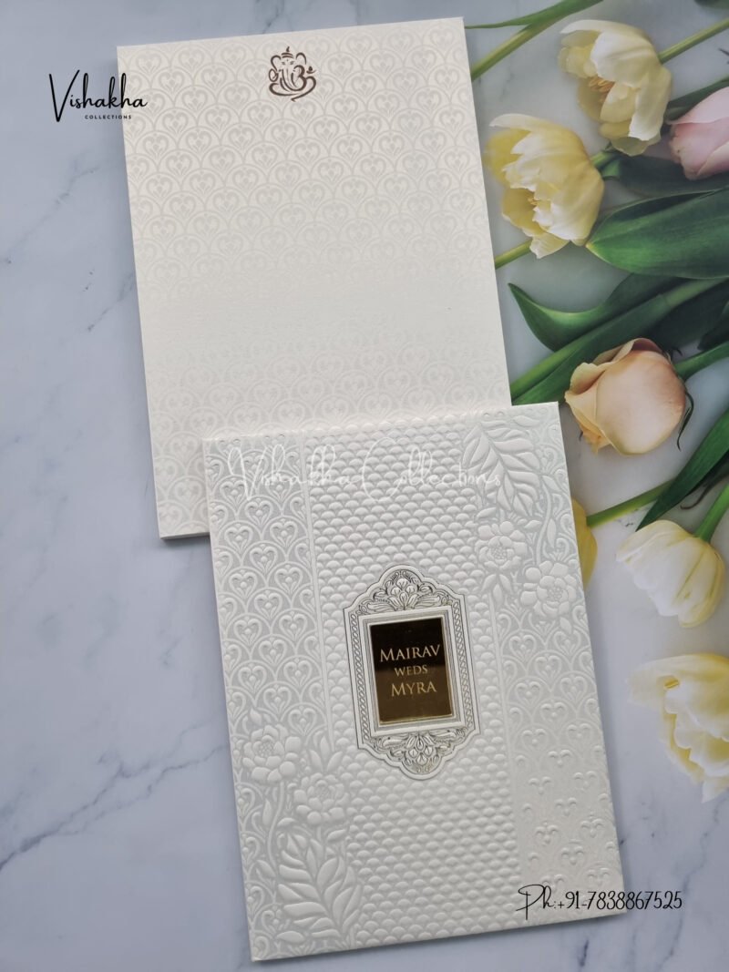 Cream colour Textured White Padded card with acrylic name plate Wedding Invitation Card SK-3428