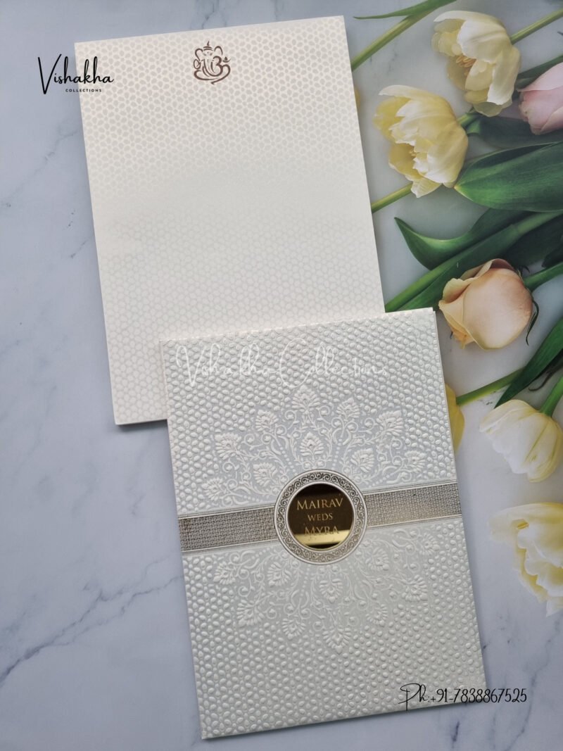 Cream colour Textured White Padded card with acrylic name plate Wedding Invitation Card SK-3429