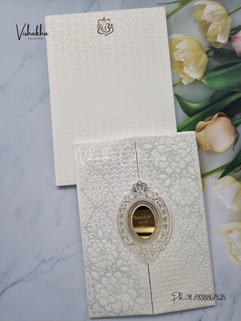 Cream colour Textured White Padded double door card with acrylic name plate Wedding Invitation Card SK-3432