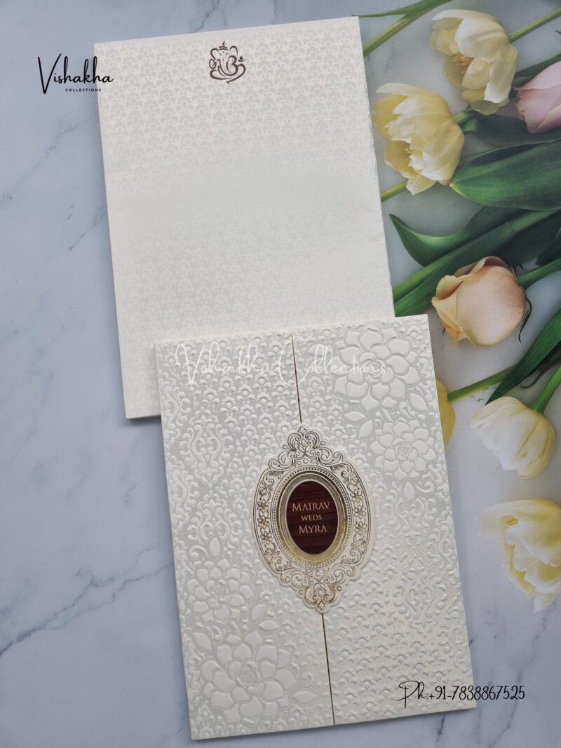 Cream colour Textured White double door card with wooden name plate Wedding Invitation Card SK-3424