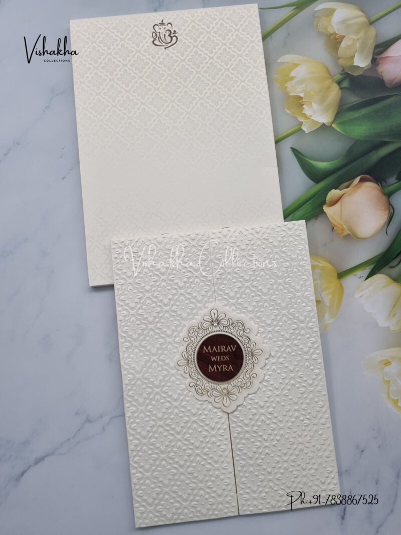 Cream colour Textured White double door card with wooden name plate Wedding Invitation Card SK-3426