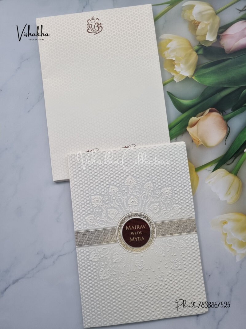 Cream colour Textured White with wooden name plate Wedding Invitation Card SK-3421