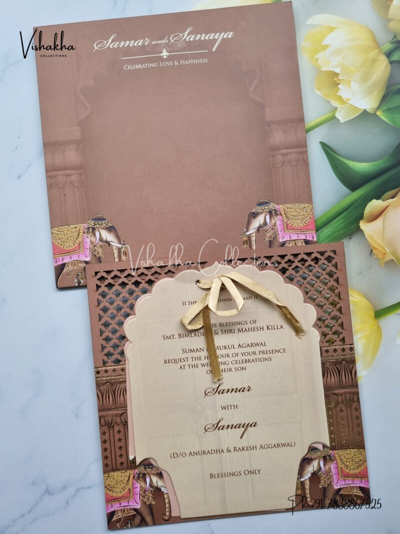 Dark Brown Elephant traditional MDF Wedding Invitation Card SK-3228