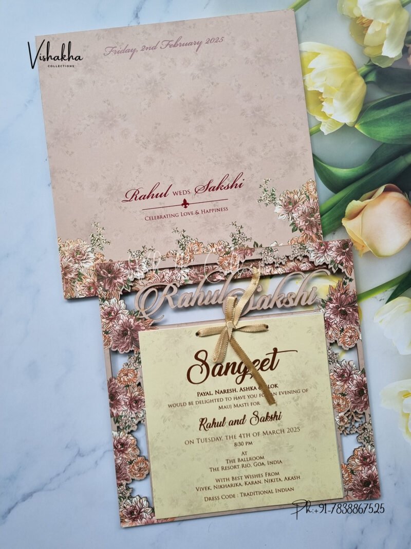 Dark Peach with brown flowers MDF with laser cut names Wedding Invitation Card SK-3284