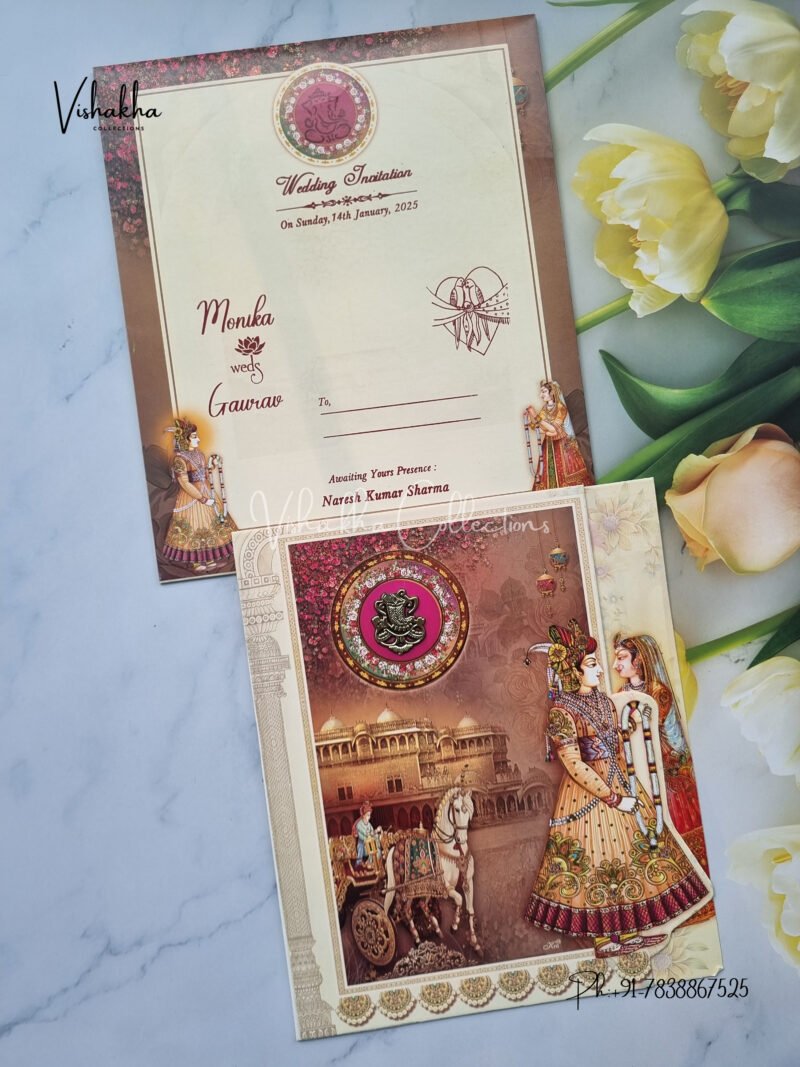 Dulha Dulhan with Baraat Themed Three Fold Traditional Wedding Invitation Card