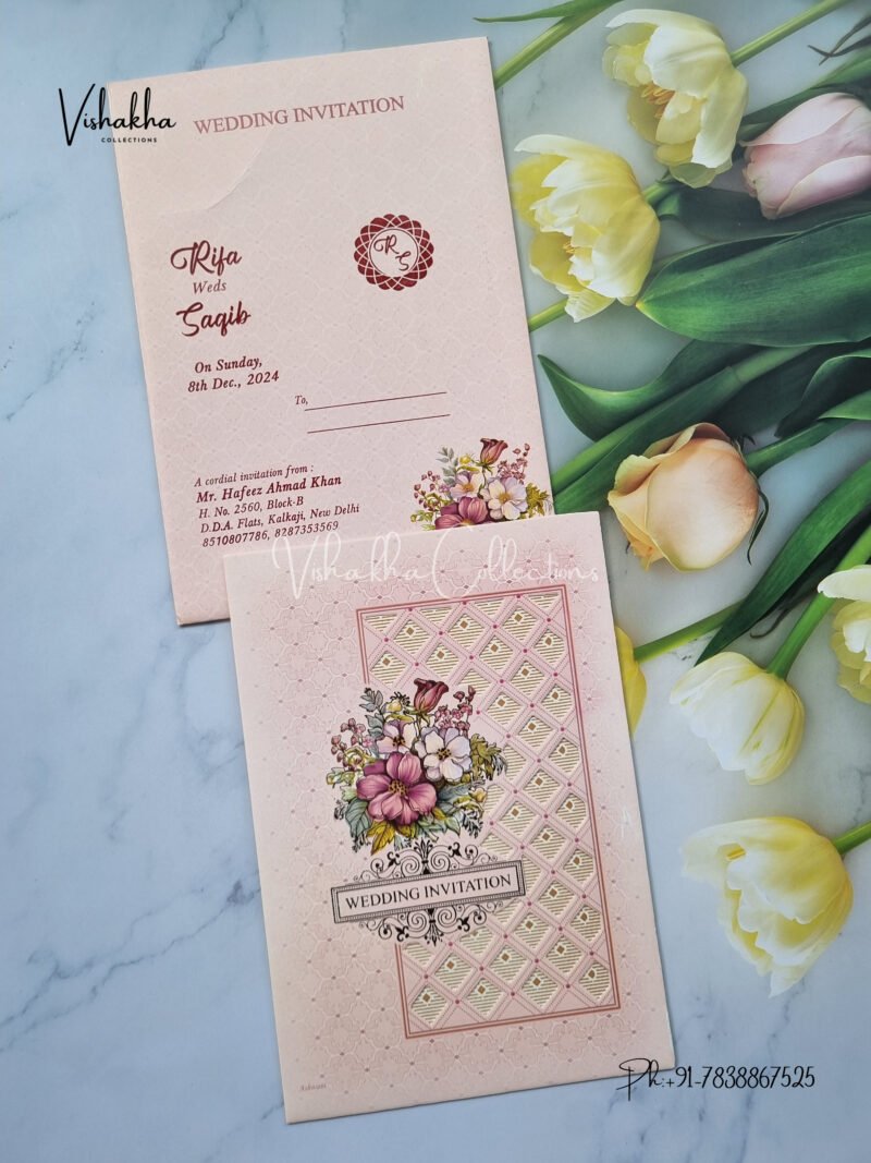 Floral Pattern with Dye Cut Baby Pink Wedding Invitation Card