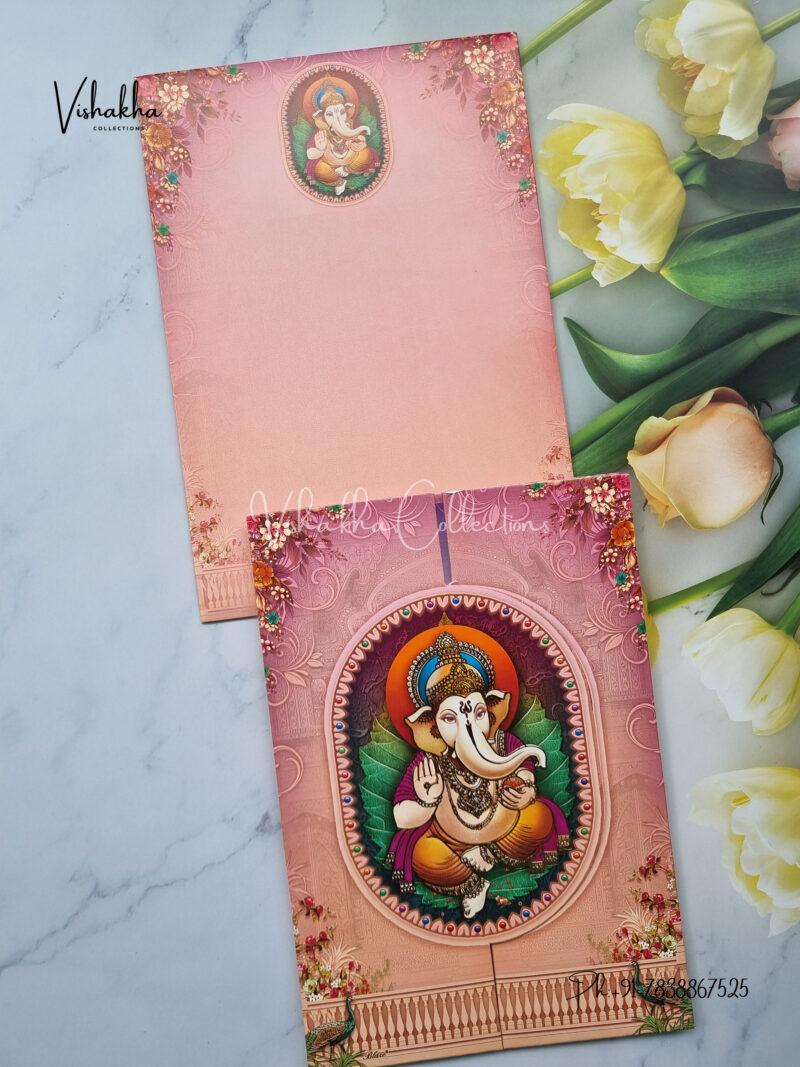 Ganesh with Indian Bride And Groom Three Fold Style Double Door Pink Hindu Invitation card