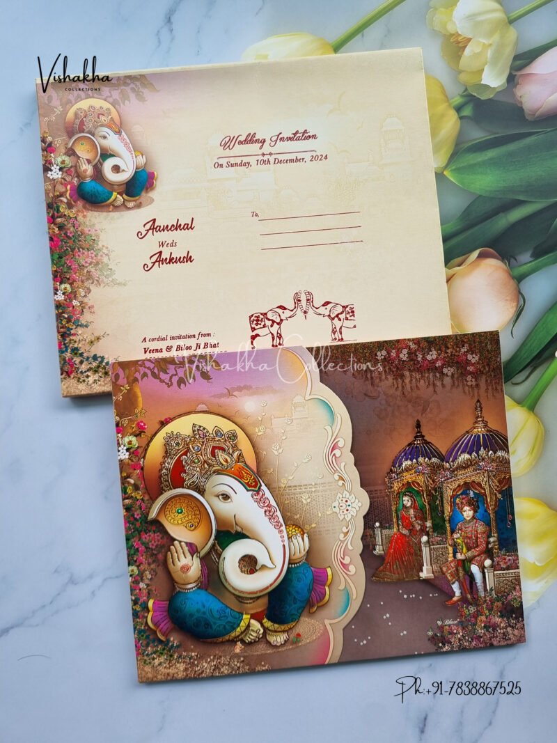 Ganesha Blessing Bide and Groom in a Double Door Styled Light Yellow Traditional Wedding Invitation Card