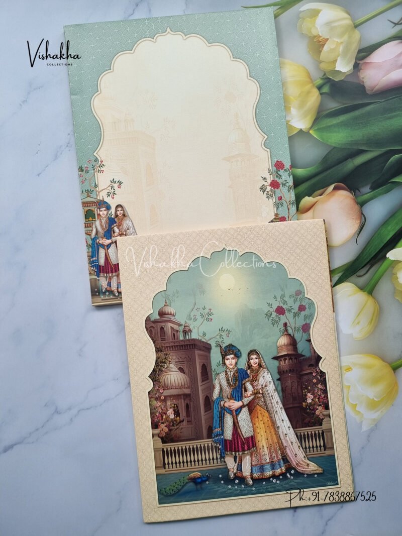 Indian Bride and Groom in Palace theme Bluish Green royal invitation