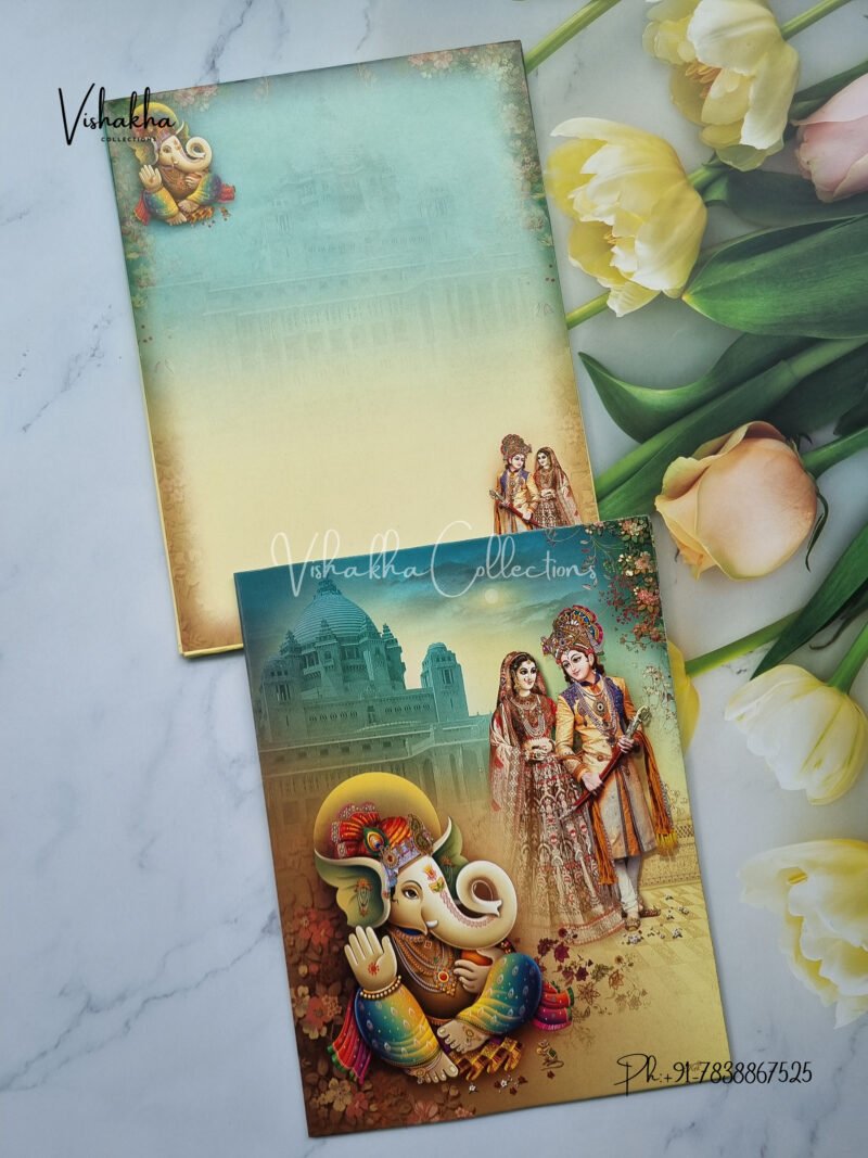 Indian Bride and Groom with Baraat and Ganesh with Palace Theme in AquaGreen Invite