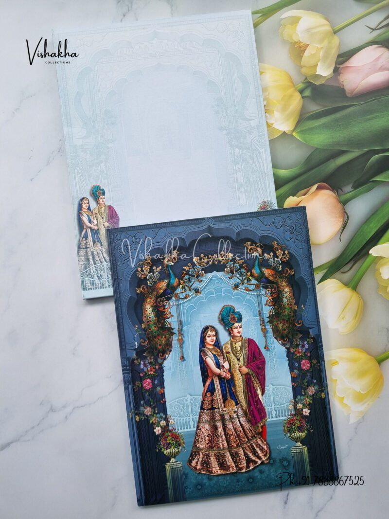 Indian Bride and Groom with Peacocks in Royal Blue three Fold type wedding card design